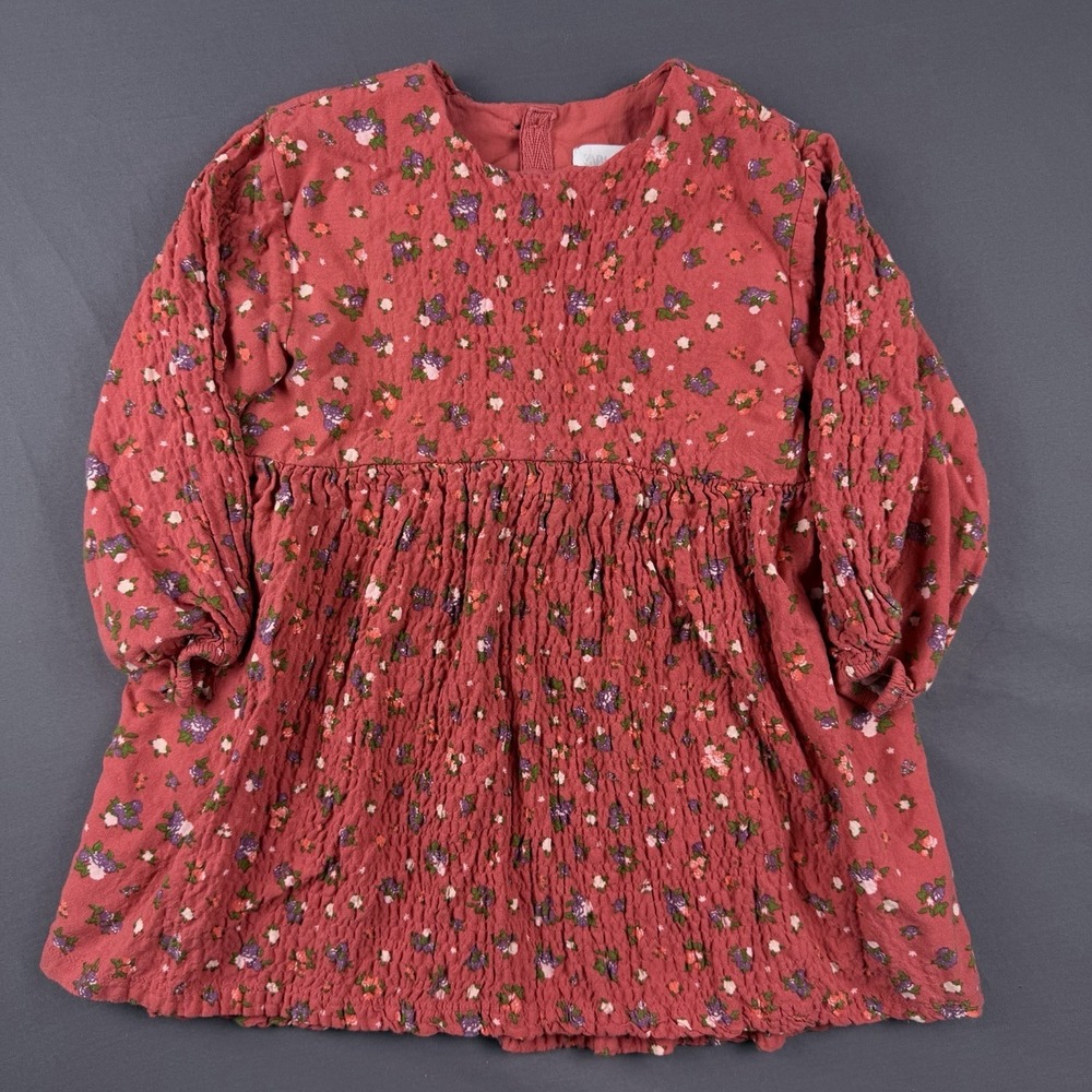 ZARA Girls Red Floral A-Line Knee Length Dress 2-3 Years Long Sleeve Ruffle - Picture 2 of 13